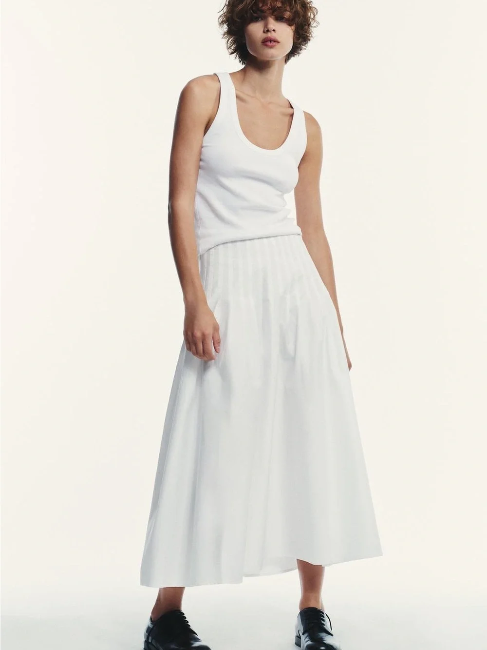 NWT Zara 100% Cotton White Pleated Flowy Midi Skirt Sz M Minimalist Clean July 4